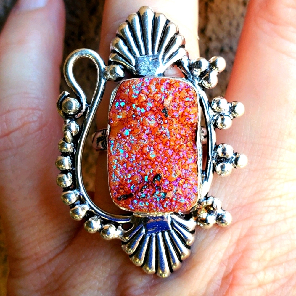 New Unique Titanium Druzy 925 Silver Ring.